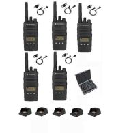 Set van 5 Motorola XT460 IP55 PMR446 met D-shape oortje, tafellader en koffer